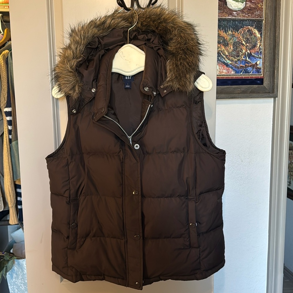 Vintage GAP Brown Puffer Vest with Faux Fur Hood